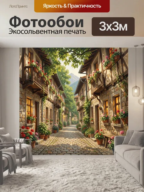 Фотообои Цветущая улочка у гор