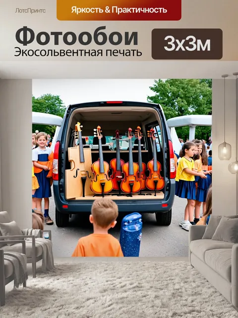 Фотообои фургон, полный музыкальных инструментов, стоящий на школьном празднике с детьми, играющими с весельем