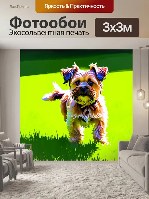 Фотообои шершавая шерсть карликового гриффона брабантского в ярком солнечном свете, когда он играет на зеленом лугу