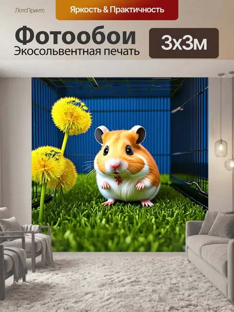 Фотообои хомячок, играющий с пушистыми одуванчиками в клетке, изображенный в технике 3d-моделирования