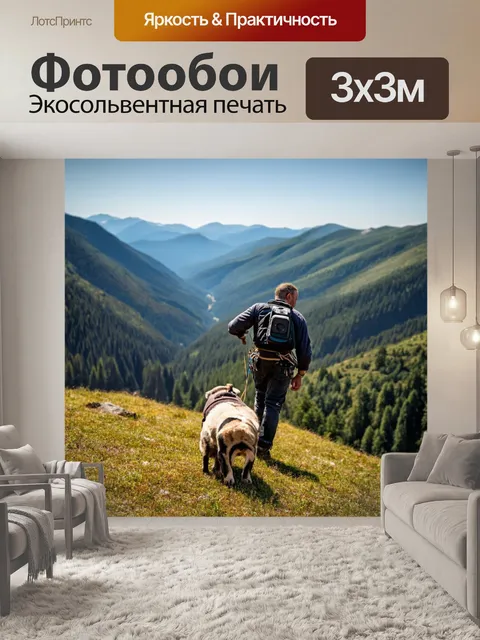 Фотообои овчарка, забирающаяся на гору, с невероятным пейзажем на фоне, где видны долины и леса