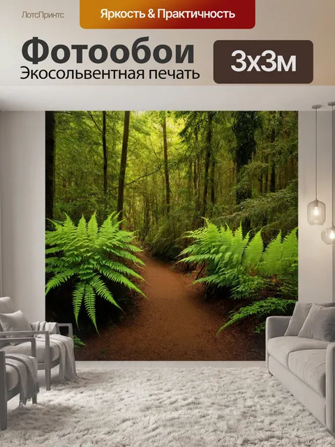 Фотообои лес с высокими папоротниками, образующими тропинки