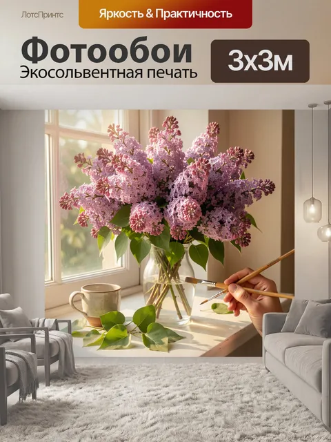 Фотообои Сирень в стеклянной вазе у окна