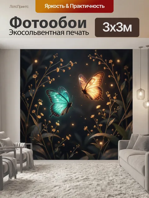 Фотообои Светящиеся бабочки среди цветов
