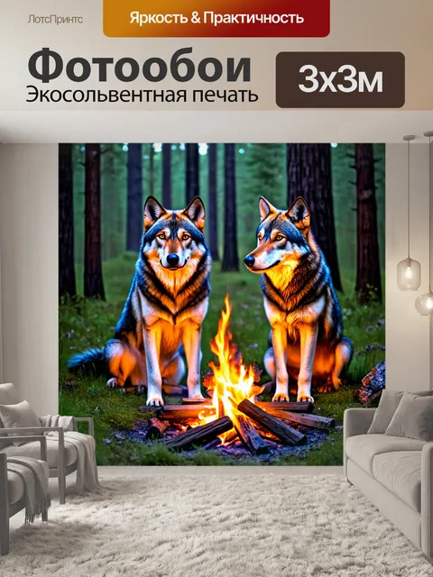 Фотообои животные в стиле неоромантизм: сценка с волками, мирно сидящими у огненного костра в лесу