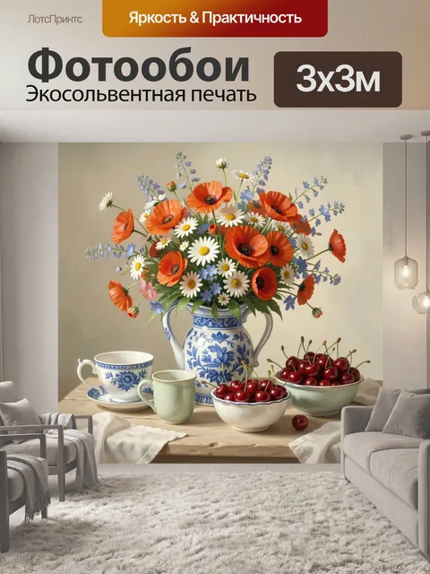 Фотообои Букет полевых цветов и черешня
