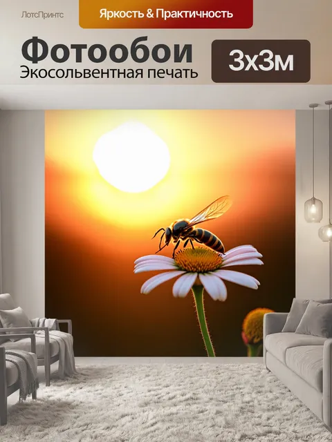 Фотообои на фоне заката, оса собирает пыльцу с цветка, который распускается под теплым солнечным светом