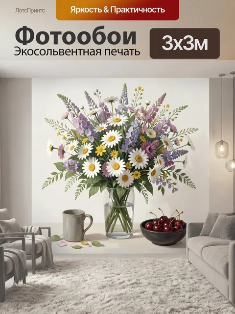 Фотообои Цветочный букет с ягодами и чашкой