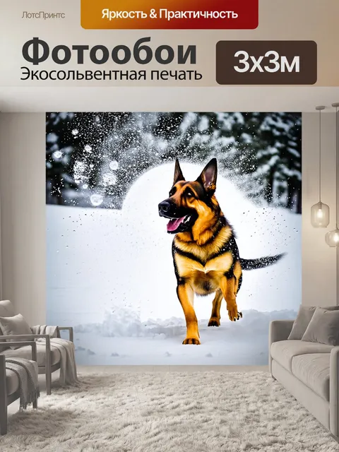 Фотообои оживающая зима, где немецкая овчарка весело играет в снегу, бросая снежки во все стороны
