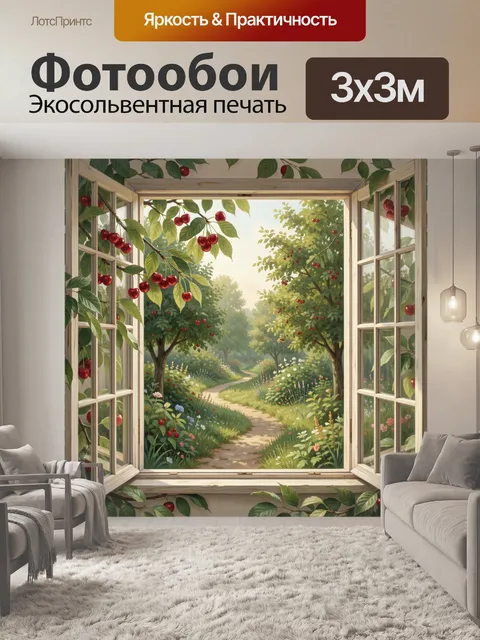 Фотообои Вишнёвый сад с цветочной тропинкой