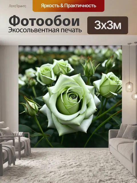 Фотообои Розы нежного светло-зеленого цвета, собранные в густую композицию