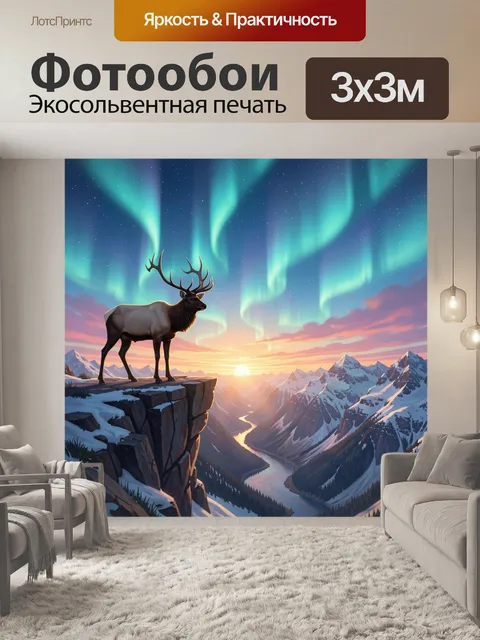 Фотообои Олень на скале под сиянием