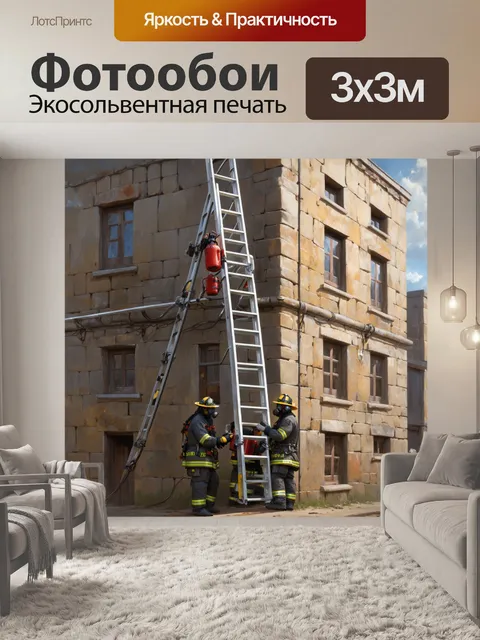 Фотообои пожарная лестница, поднятая на высоту, к старинному зданию с каменными стенами и окошками