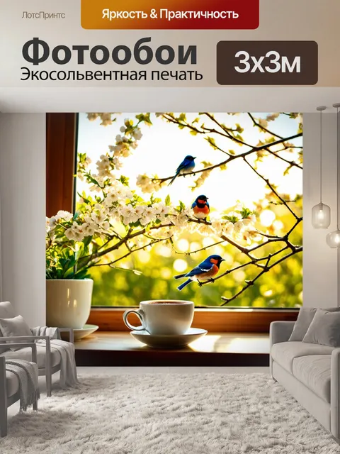 Фотообои весна: чудесное утро с ароматом свежего кофе, птички в окне, весеннее настроение, солнце врывается в дом