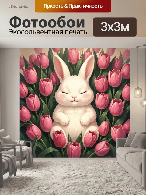 Фотообои Белый зайчик среди розовых тюльпанов