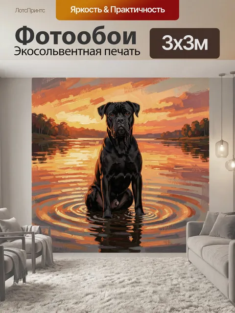 Фотообои Чёрный пёс у озера на закате