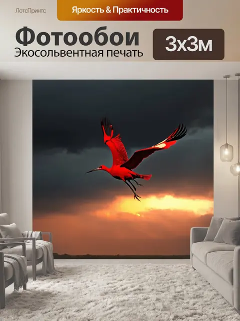 Фотообои красный журавль, который взмывает в небо на фоне темного заката