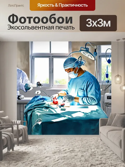 Фотообои мягкий фокус, акварельная техника: изображение операционной с хирургическим столом, окруженным медицинскими…