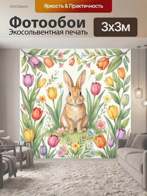 Фотообои Кролик в окружении весенних цветов