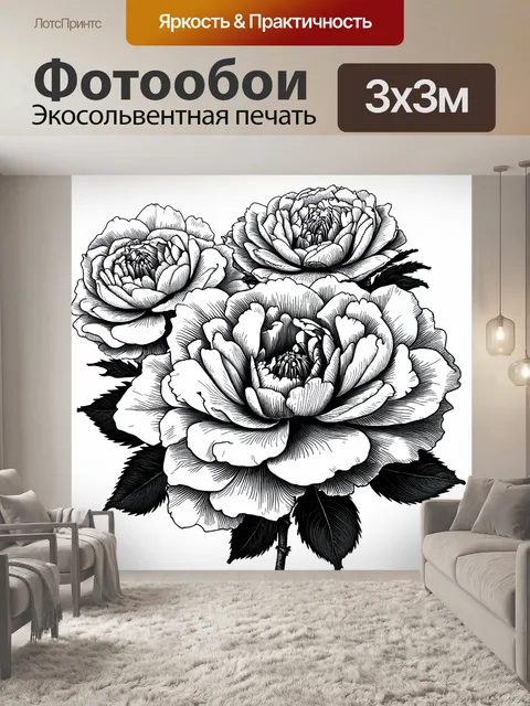 Фотообои пионы в стиле рисунок, в пленительном чёрно-белом исполнении, с акцентом на формы и структуру цветов