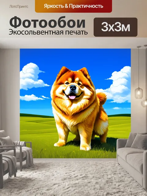 Фотообои чау-чау на обширном пастбище, под ярким голубым небом, с облаками на заднем плане