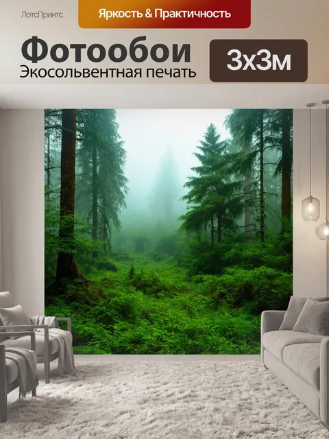 Фотообои зелёный лес в утреннем тумане