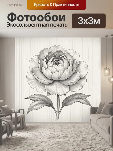Фотообои Графический пион в монохроме
