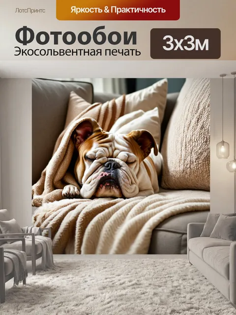 Фотообои бульдог, спящий на уютном диване с пледом, в окружении мягких подушек