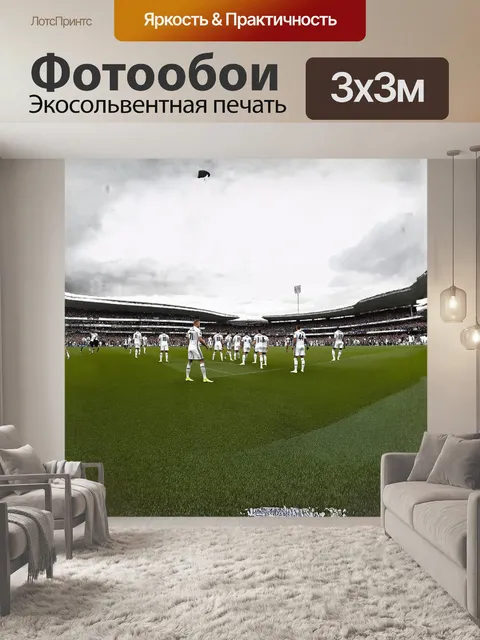 Фотообои обширное поле, на котором раскинулись игроки в белой форме реал мадрид, готовящиеся к началу матча