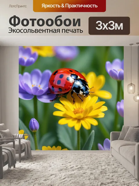 Фотообои божья коровка среди весенних цветов