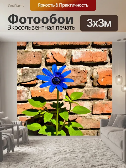 Фотообои синий цветок на фоне старинной кирпичной стены