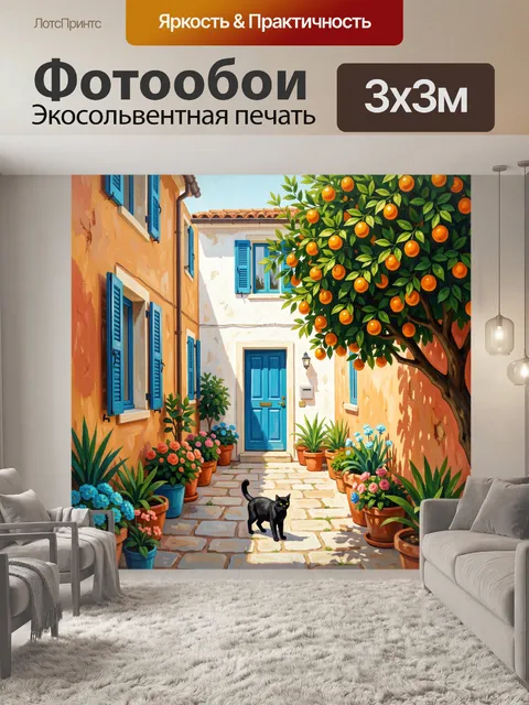 Фотообои Средиземноморский дворик с черным котом