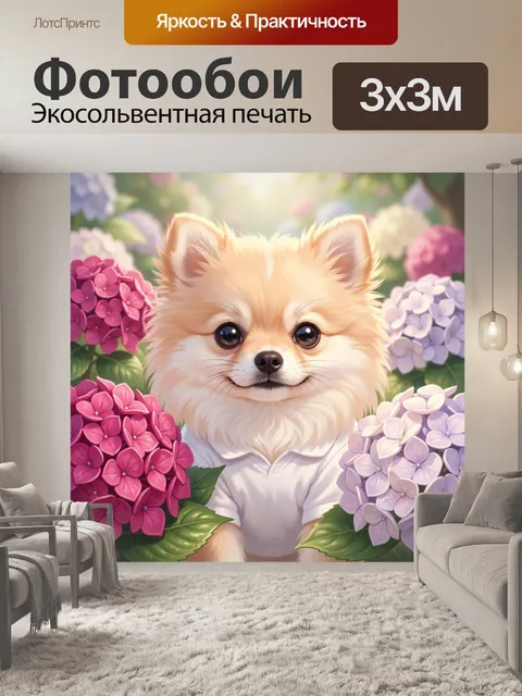 Фотообои Шпиц среди цветущих гортензий