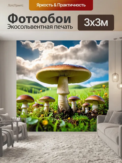 Фотообои грибы, окруженные мягкими облаками, создающими мечтательную атмосферу
