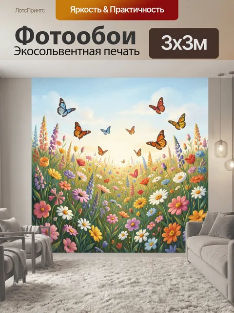 Фотообои Летний луг с разноцветными бабочками