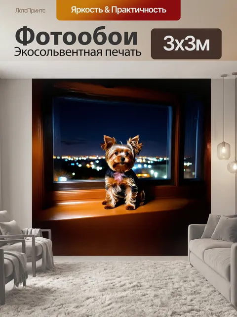 Фотообои милый йоркширский терьер сидит на подоконнике