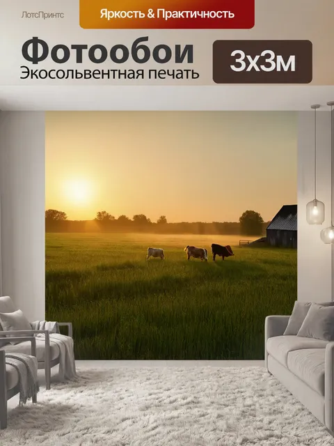 Фотообои рассвет на ферме, где рождаются новые начала - роса на траве и начало нового дня