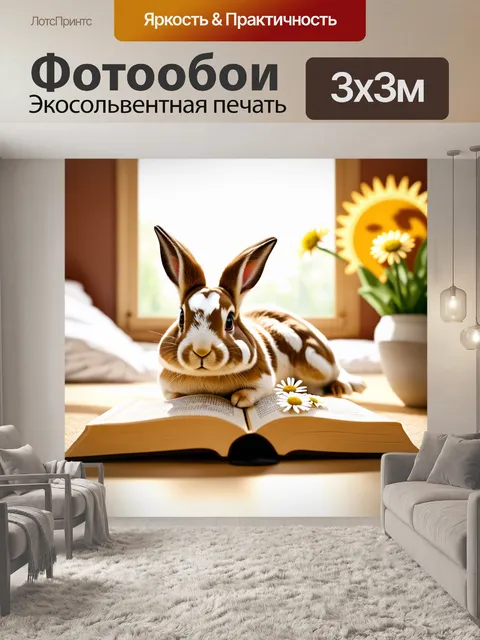 Фотообои Кролик с белыми и коричневыми пятнами лежит на раскрытой книге