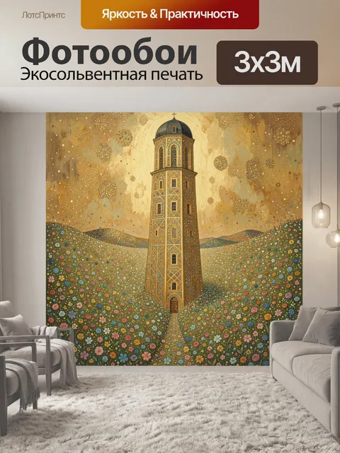 Фотообои Золотая башня в цветочном поле