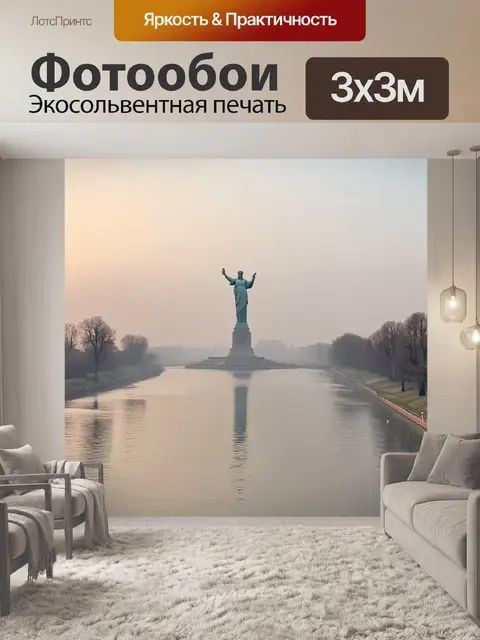 Фотообои утренний туман над рекой в волгограде с величественным памятником "родина-мать" на заднем плане