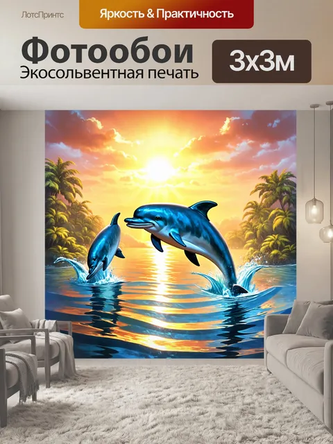 Фотообои прекрасный водный мир с аниме-дельфинами, прыгающими из воды на фоне заката