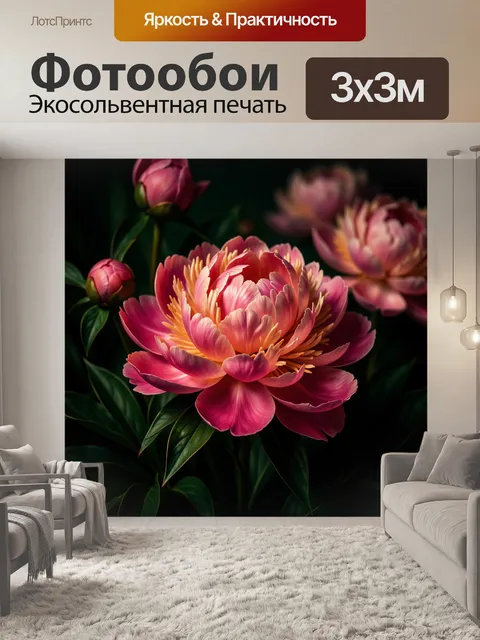 Фотообои Розовые пионы на темном фоне