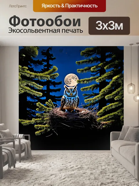 Фотообои сова, спокойно сидящая в старом гнезде, скрытом среди густых ветвей хвойных деревьев