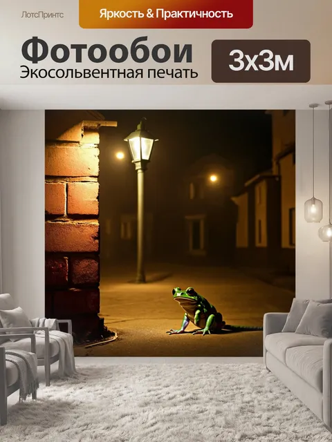 Фотообои тема: лягушка, сидящая на старом кирпиче рядом с уличным фонарем в уютном городском дворе