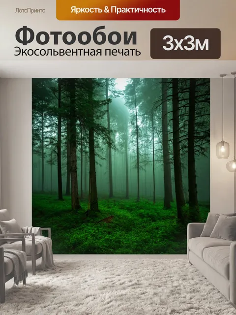 Фотообои зеленый лес в тумане, где утренний свет пробивается сквозь тёмные деревья, создавая загадочную атмосферу