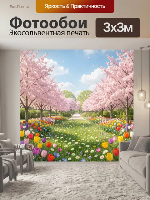 Фотообои Весенний сад с цветущими деревьями