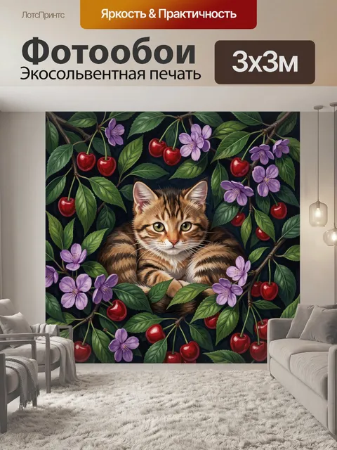 Фотообои Кот среди вишен и цветов