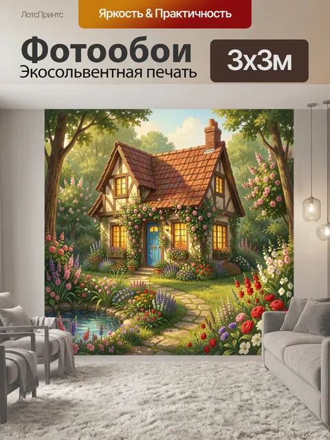 Фотообои Сказочный коттедж в цветущем саду
