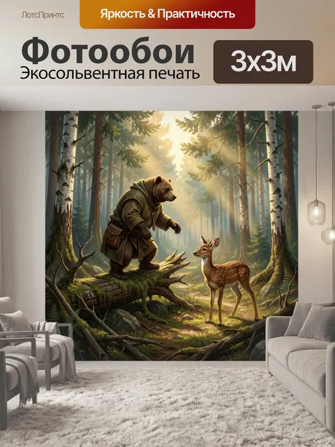 Фотообои Медведь и оленёнок в лесу