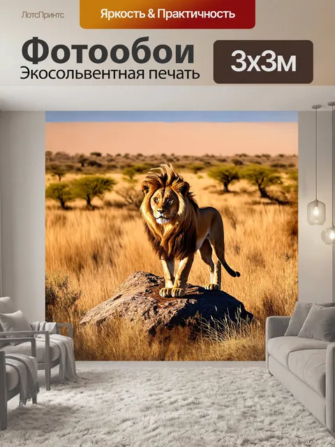 Фотообои лев, majestically сидящий на скале, его грива развевается на ветру, играя солнечными бликами